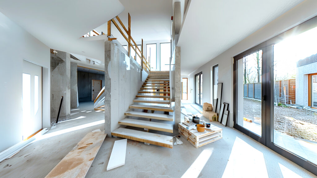 bright daylight fills the space as a modern staircase takes center stage amidst construction materials and tools in a stylish home
