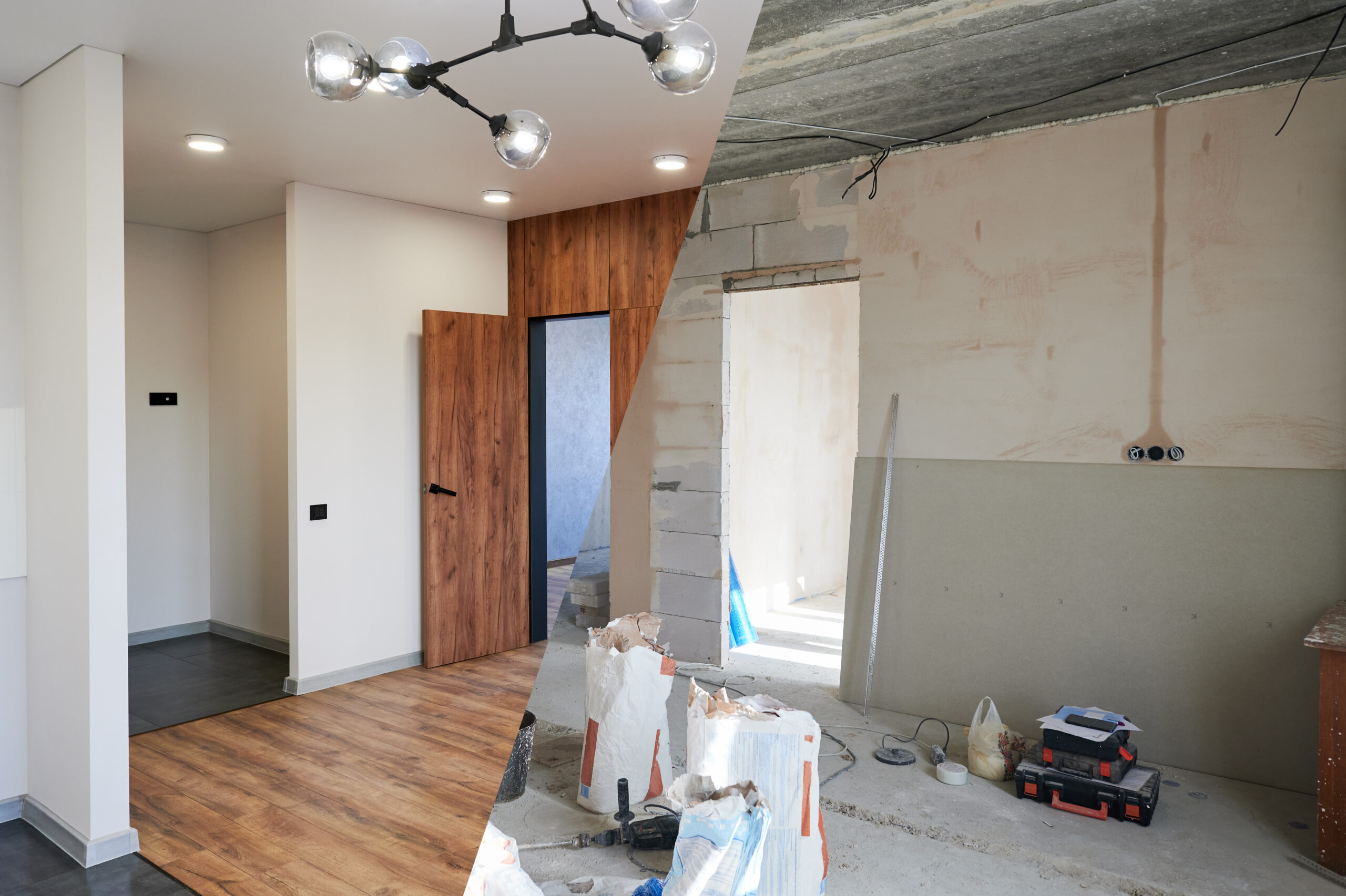 photo collage of apartment before and after restoration.