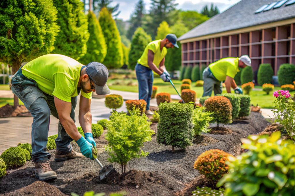 landscaping project, workers planting shrubs and installing features