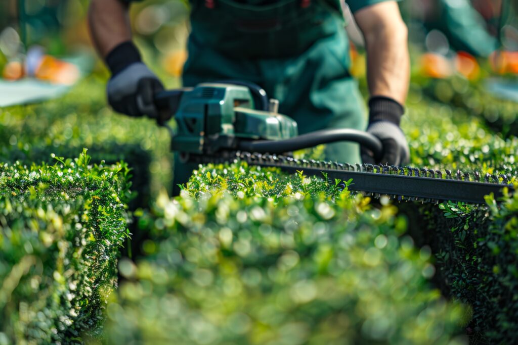 gardener trimming lush green hedges with electric hedge trimmer on a sunny day. close up image of precise landscaping work. ideal for lawn care, gardening websites, and maintenance services. ai